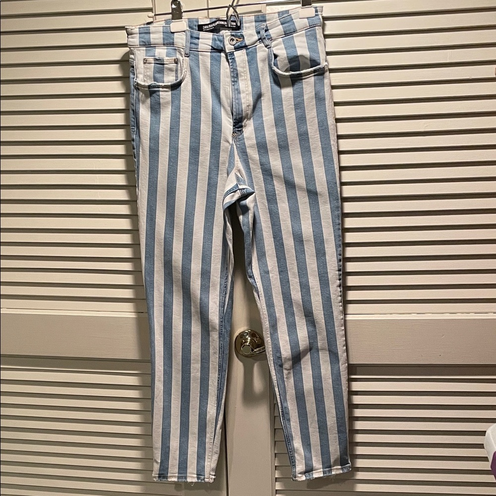 Zara Trafaluc Denim Collection Blue and White Wide Stripe Jeans Size 12